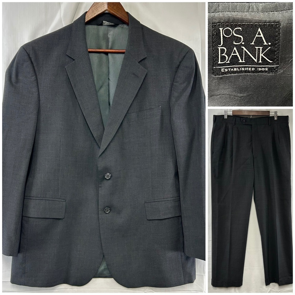 Jos. A. Bank Suit Men 44R 36x32 Charcoal Gray 100% Wool 2-Button Pleated Cuffed